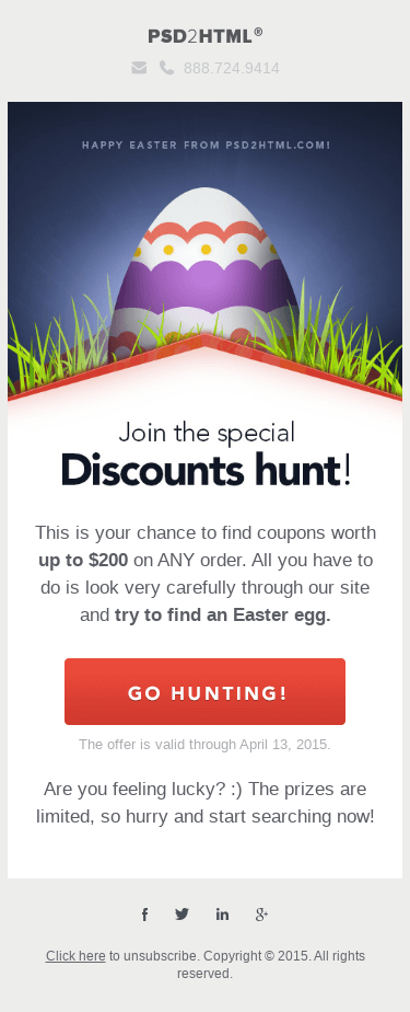 Join the special Easter discount hunt at PSD2HTML.com!