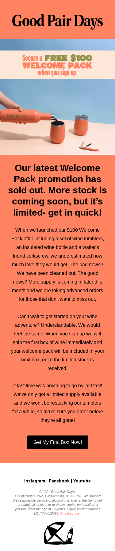 More $100 Welcome Pack Stock Coming Soon - Reserve Yours Now!🍷