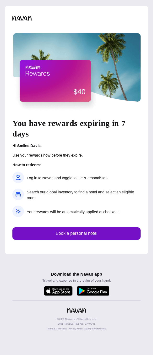$40 in Navan Rewards expire soon