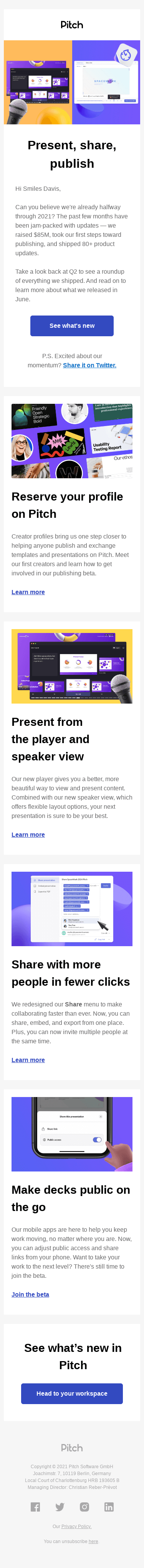 New in Pitch ✨ Creator profiles, speaker view, and a look back at Q2