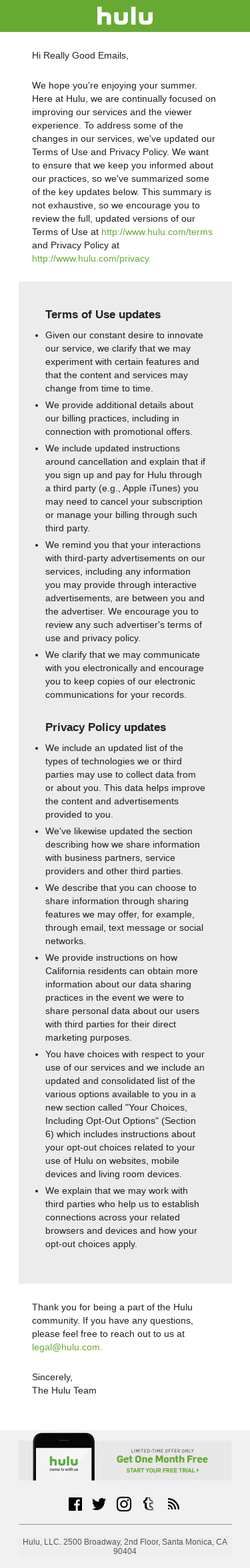 Notice of Update to Hulu’s Terms and Privacy Policy