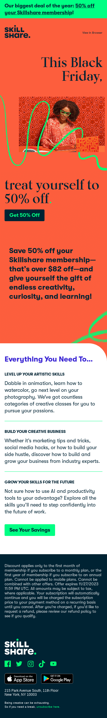 Now live: 50% off a Skillshare membership