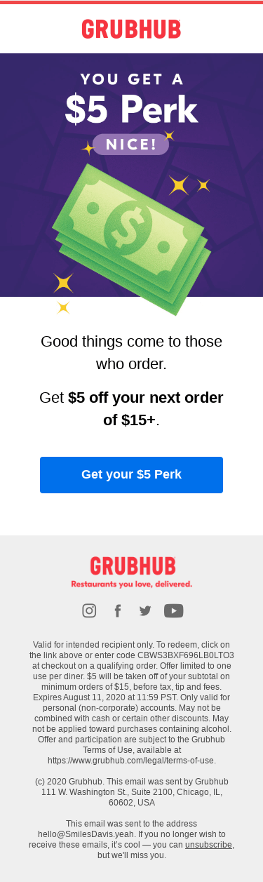 Order again and get a $5 Perk