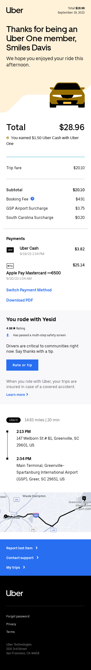 [Personal] Your Tuesday afternoon trip with Uber
