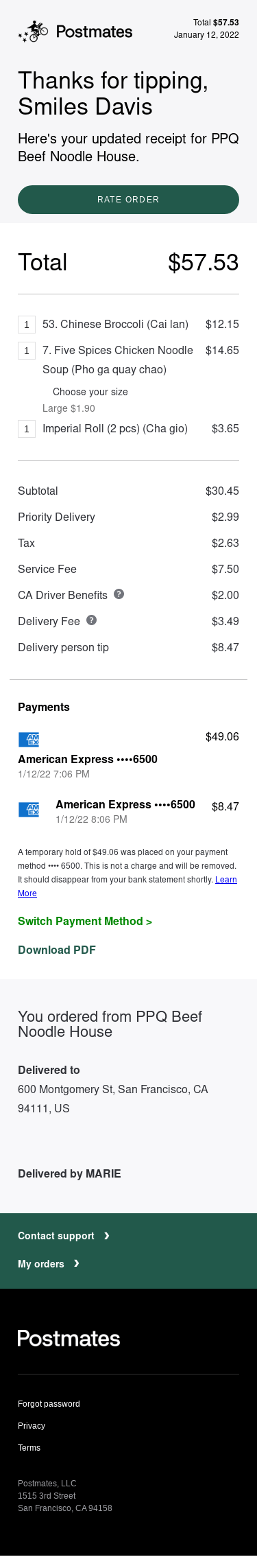 [Personal] Your Wednesday evening order with Postmates