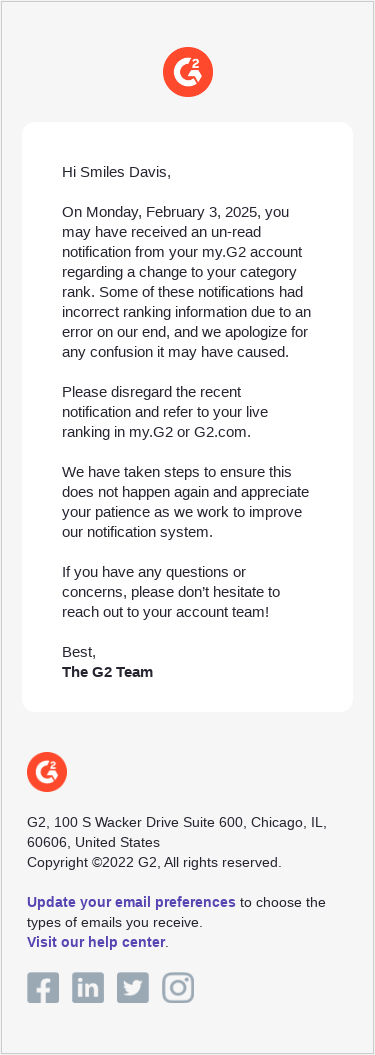 Please Disregard: Incorrect Ranking Notification