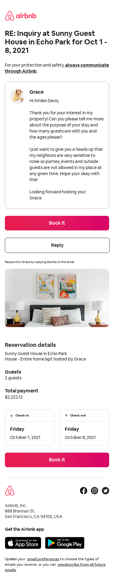 RE: Inquiry at Sunny Guest House in Echo Park for Oct 1 - 8, 2021