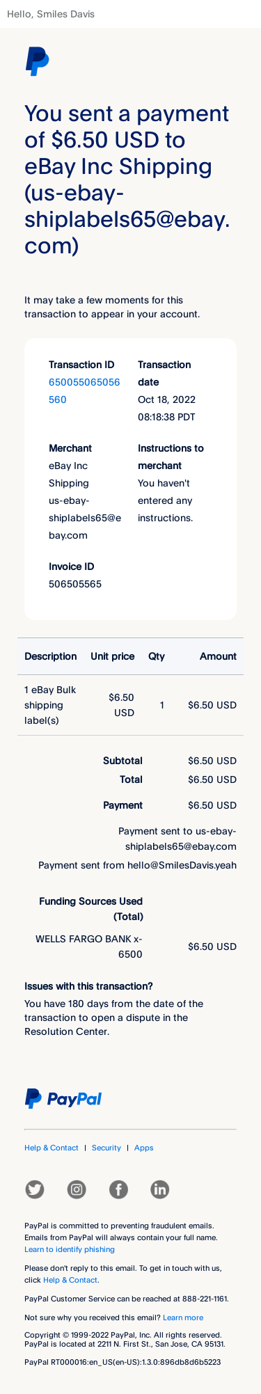Receipt for Your Payment to eBay Inc Shipping