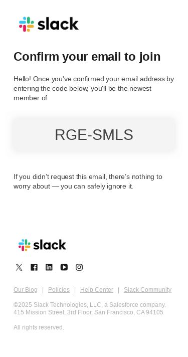 Slack confirmation code: RGE-SMLS