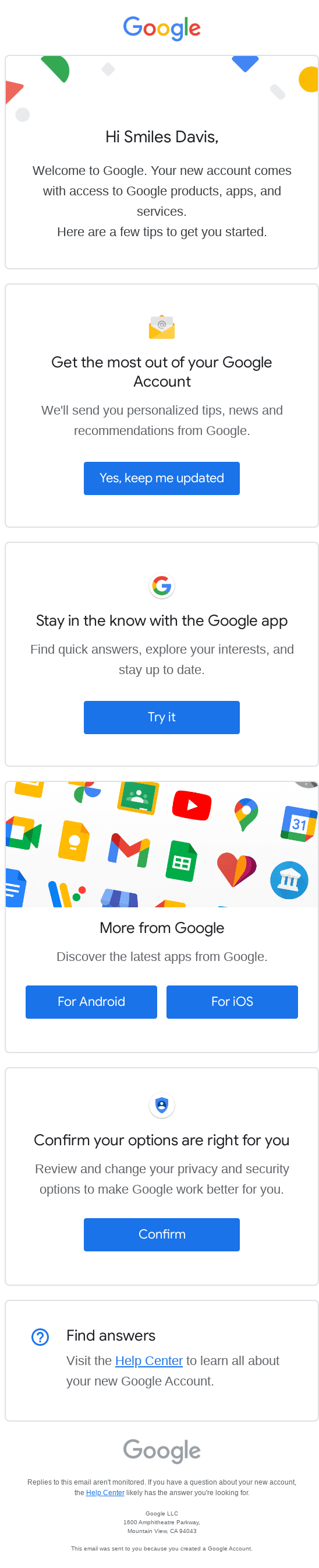 Smiles Davis, finish setting up your new Google Account