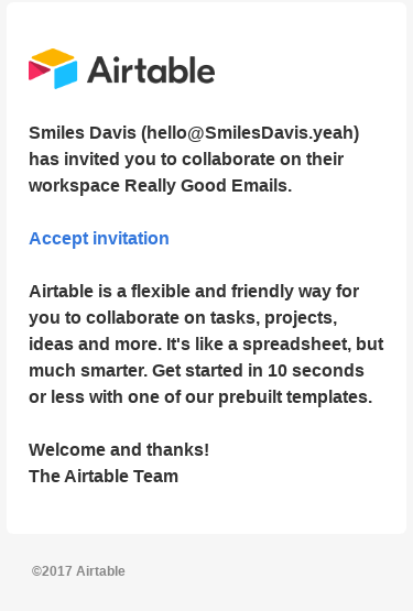 Smiles Davis (hello@SmilesDavis.yeah) invited you to their workspace Really Good Emails – Airtable