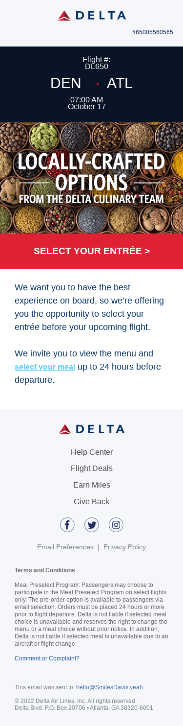 Smiles Davis, Select Your Meal Before Your ATL Flight