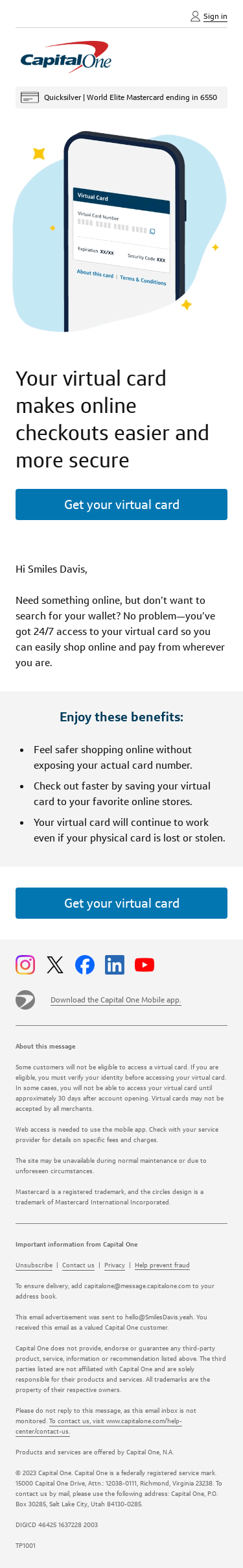 Smiles Davis, your virtual card is waiting for you