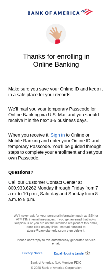 Thanks for enrolling in Online Banking