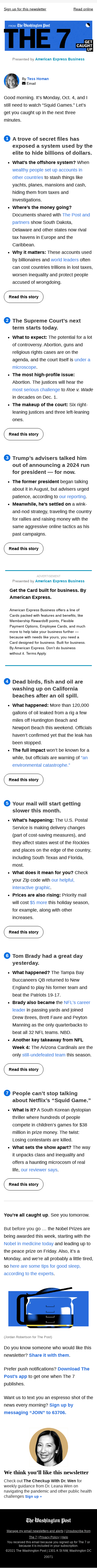 The 7: Mail will get slower this month; how global elite hide their riches; Tom Brady’s very good day; and more