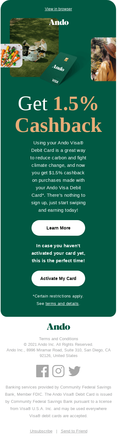 The Ando Visa® Debit Card Now Earns You 1.5% Cashback!