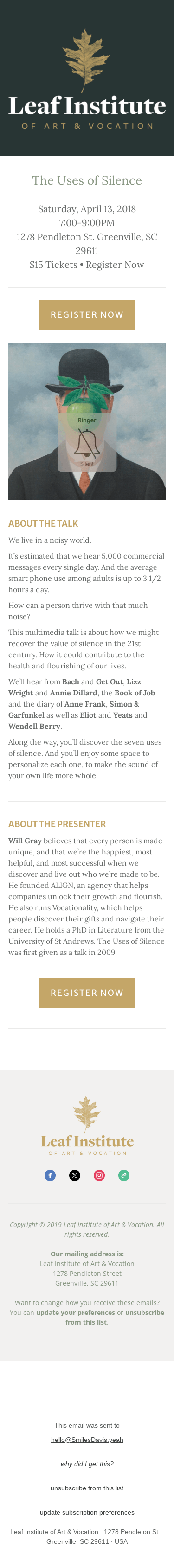 The Uses of Silence with Will Gray – 7pm Saturday, April 13th