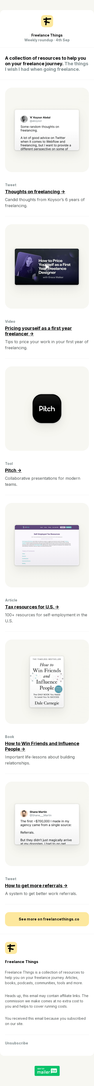 Thoughts on freelancing, first-year pricing, Pitch, U.S. tax resources, get more referrals, How to Win Friends and Influence People