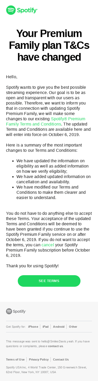 Update of Spotify Premium Family Terms and Conditions