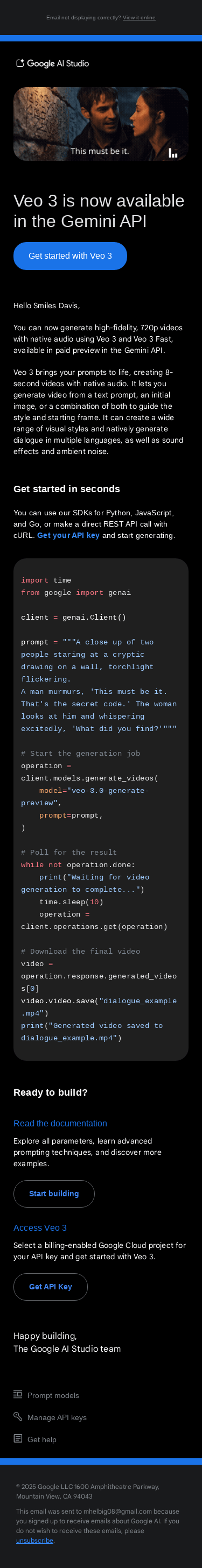 Smiles Davis, Veo 3 with native audio is now in the Gemini API