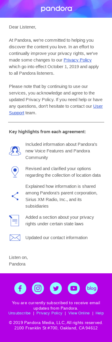 We're updating Pandora's Privacy Policy
