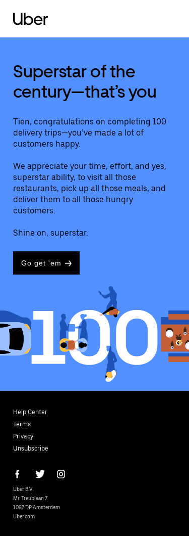 💯 You’re in the big leagues, Tien: 100 deliveries made