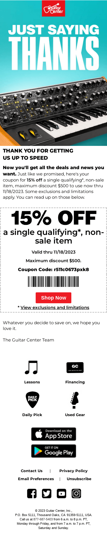 Your 15% off, as promised