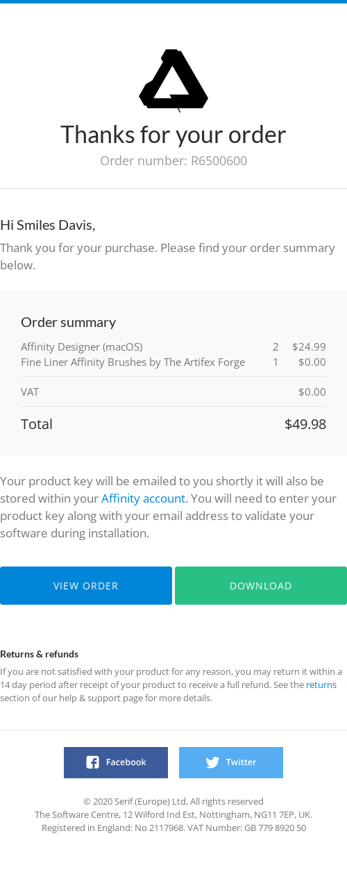 Your Affinity order confirmation - R6500600