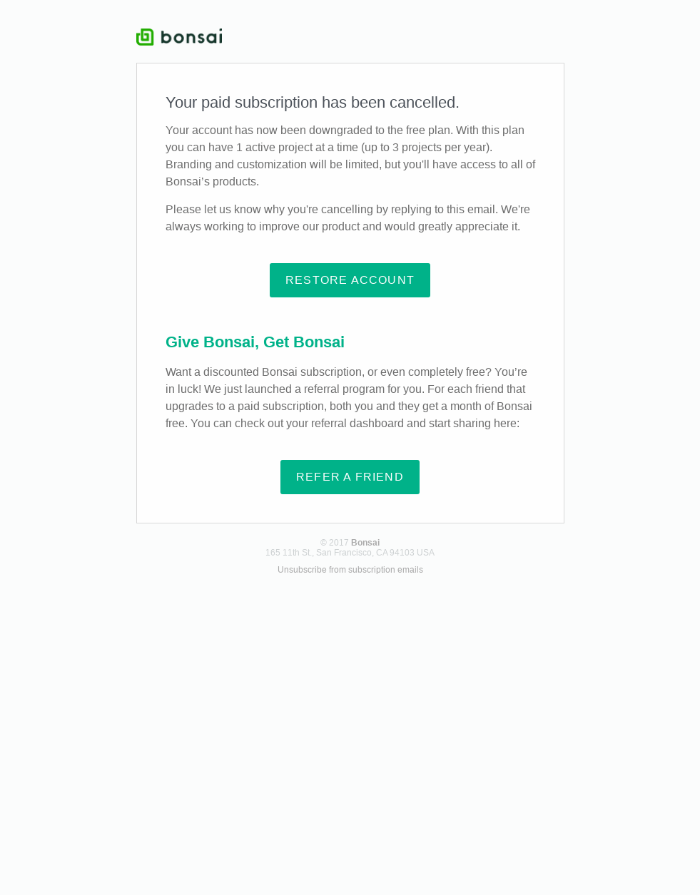 Your Bonsai plan has been downgraded