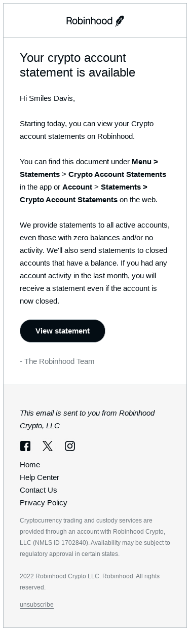 Your crypto account statement is available