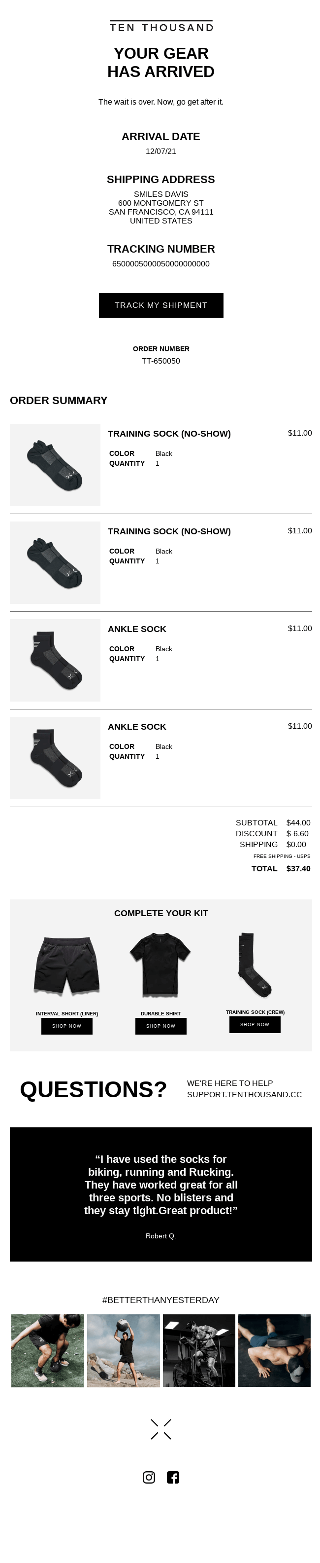 Your gear from order TT-650050 has been delivered