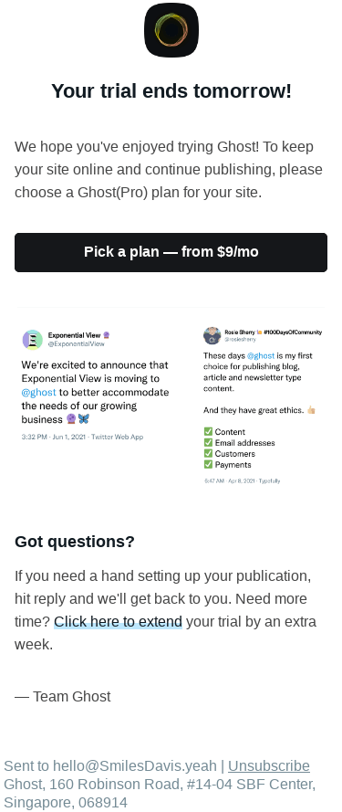 Your Ghost(Pro) trial is ending