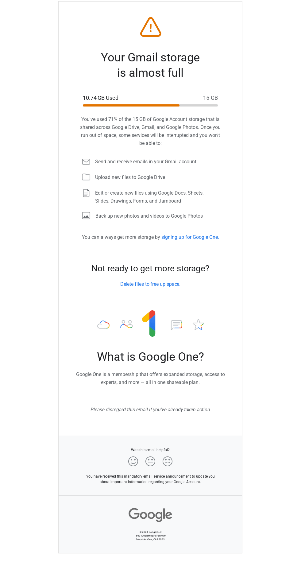 Your Gmail storage is 71% full