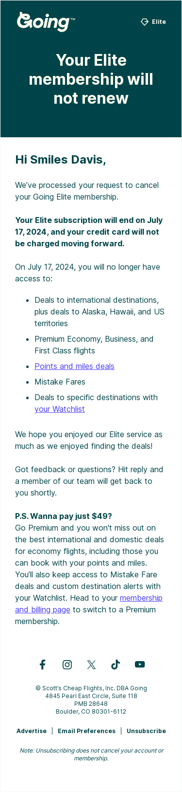 Your Going renewal has been canceled