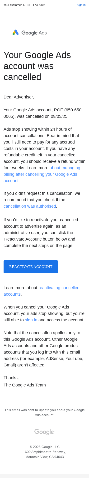 Your Google Ads account was cancelled