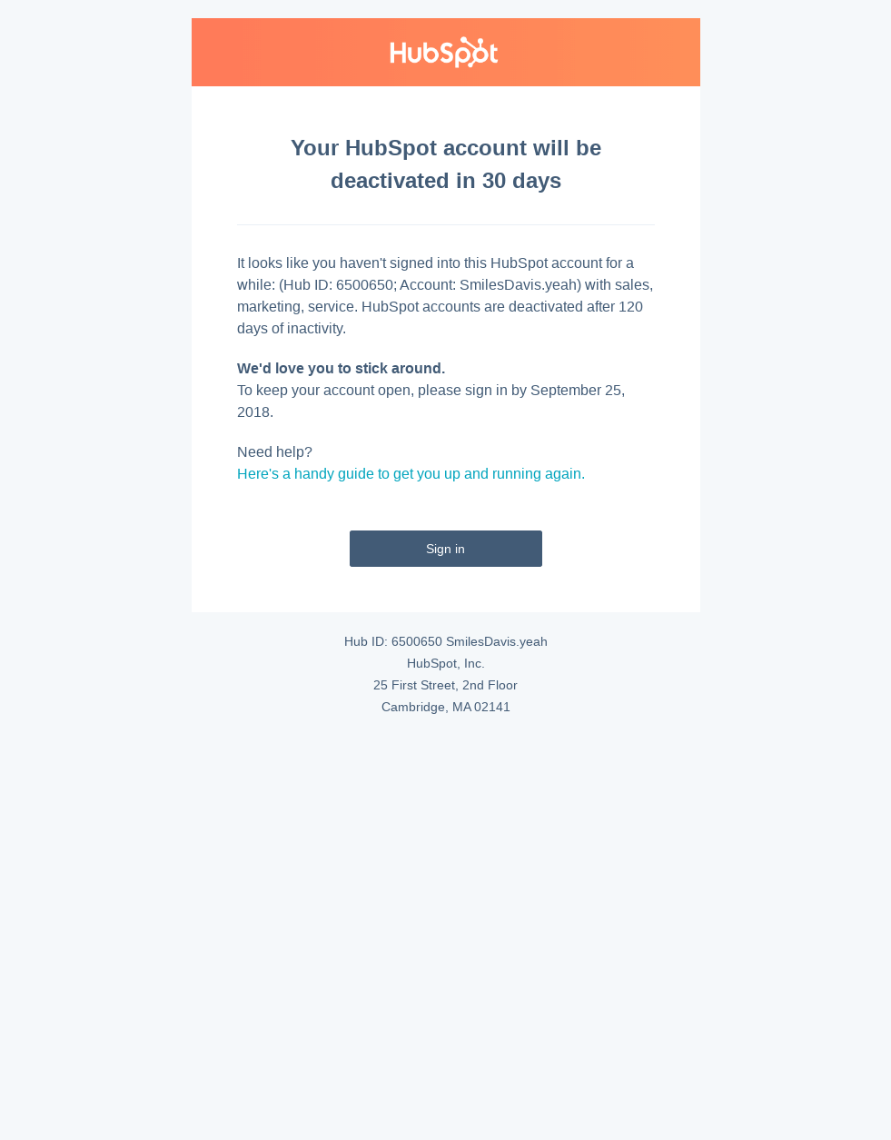 Your HubSpot account will be deactivated in 30 days