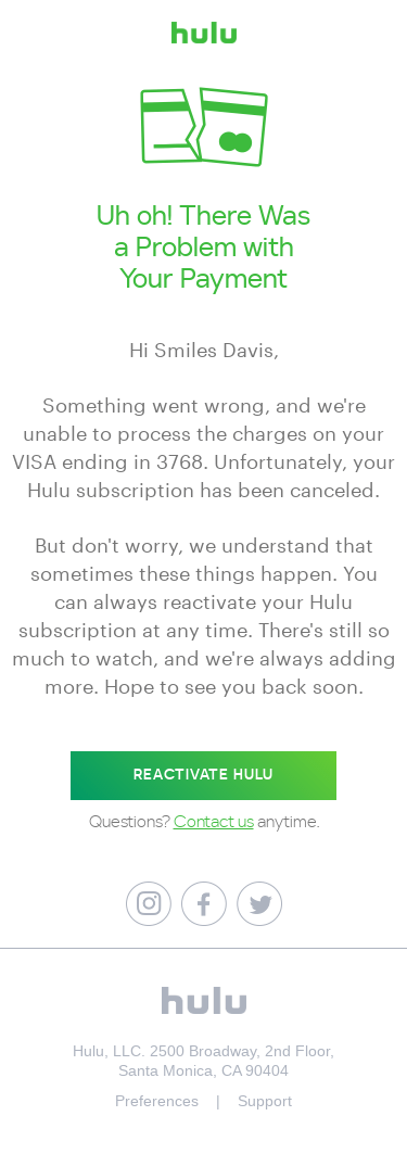 Your Hulu subscription has been canceled