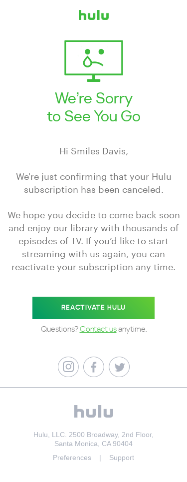 Your Hulu subscription has been canceled