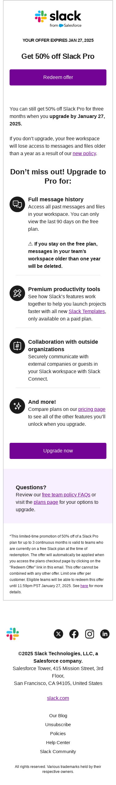 ⏳Your messages will be deleted soon! Upgrade with 50% off Slack Pro