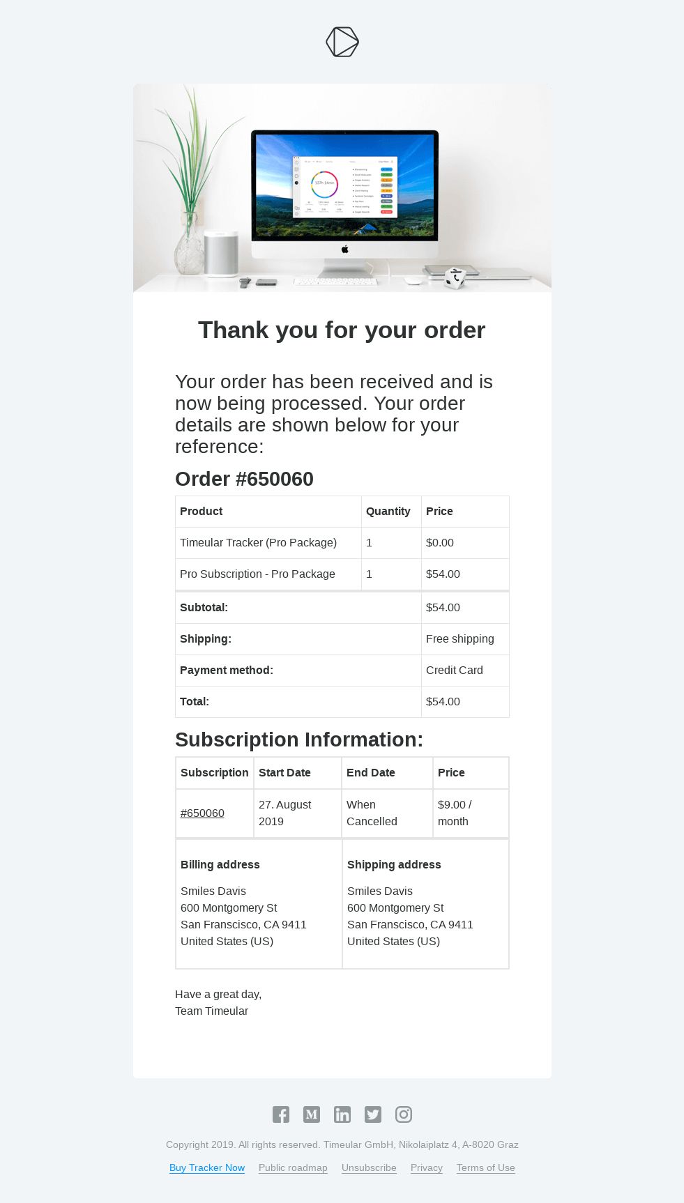 Your order receipt from 27. August 2019