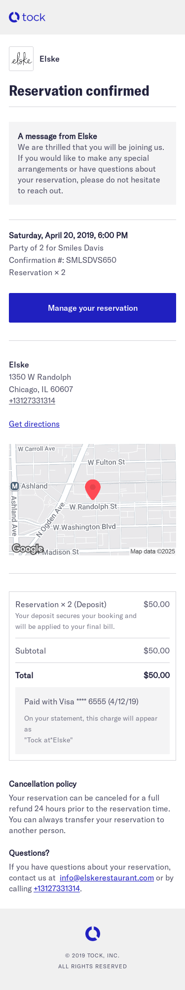 Your reservation for Elske on Saturday, April 20, 2019, 6:00 PM