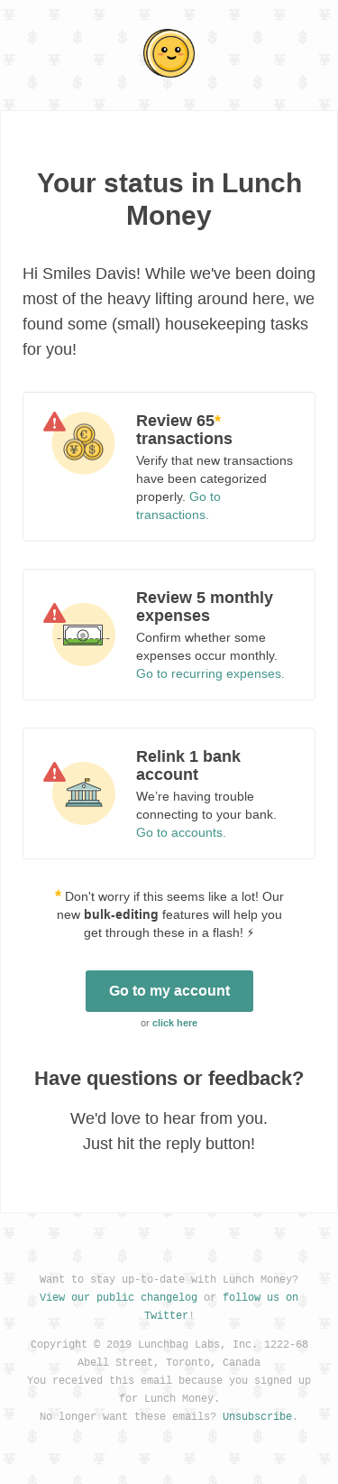 📌 Your status in Lunch Money