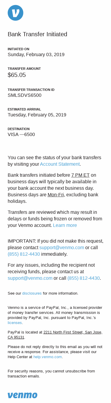 Your Venmo bank transfer has been initiated