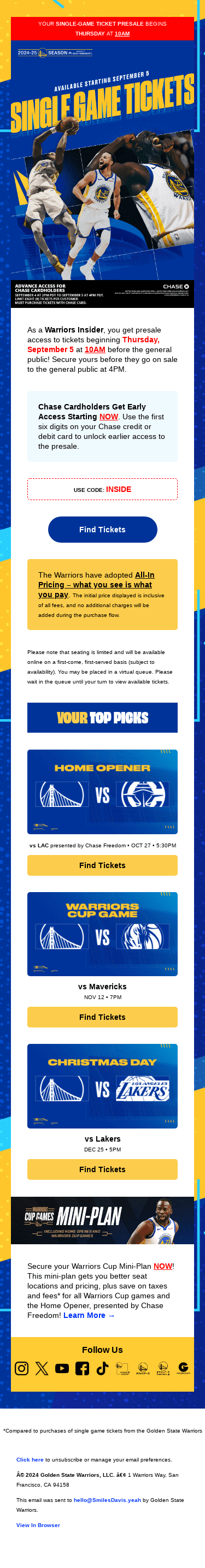 Your Warriors Single Game Ticket Presale Begins Tomorrow at 10AM!