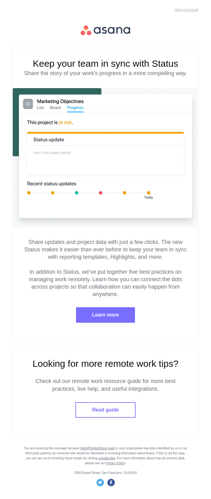 Asana's lead nurture email