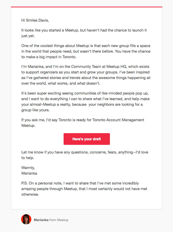 New Meetup Message from Marianka