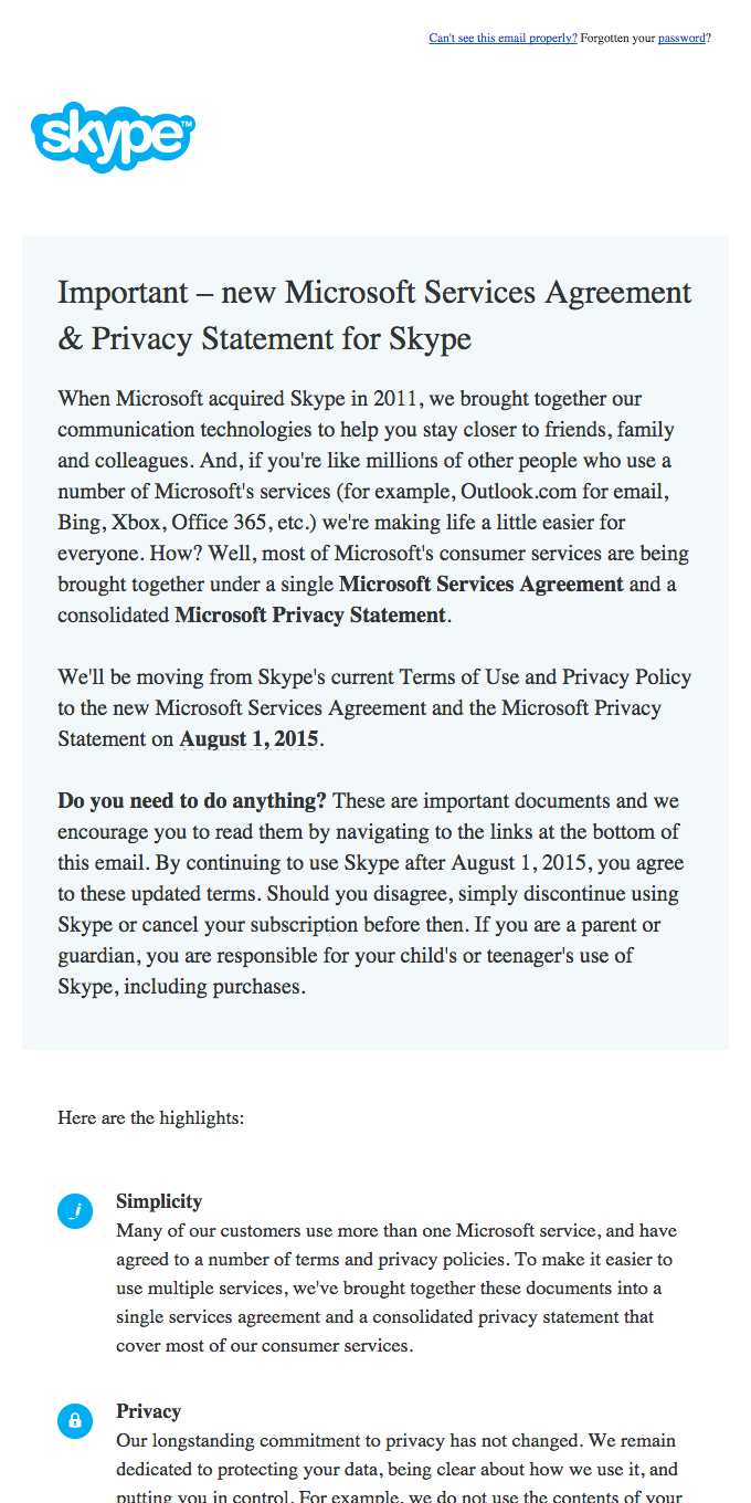 Important – new Microsoft Services Agreement & Privacy Statement for Skype