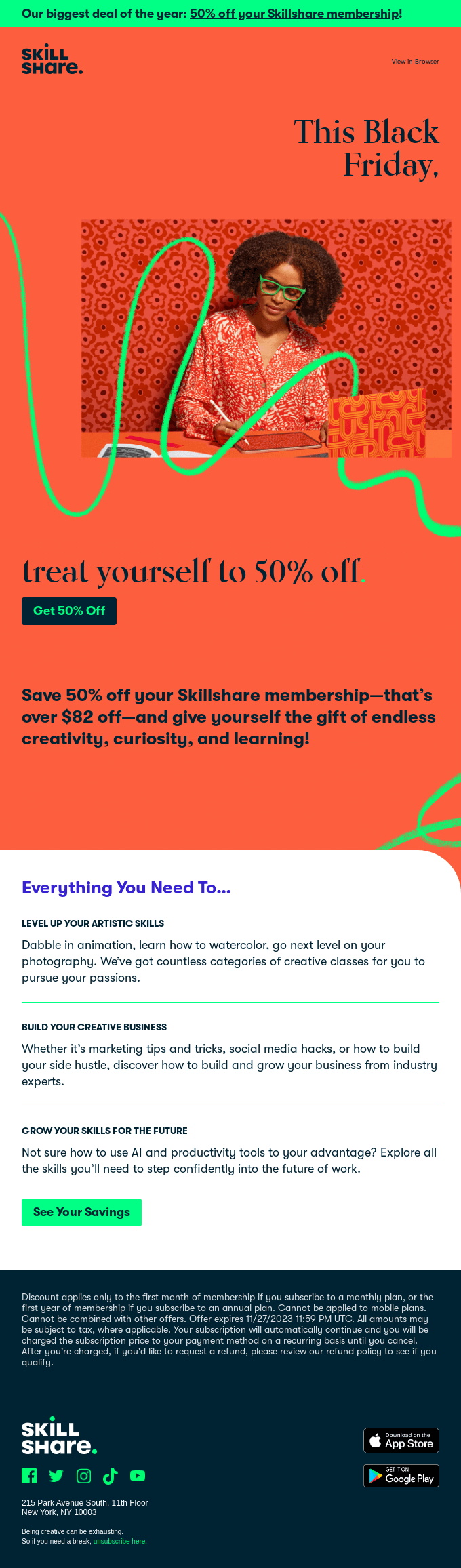 Now live: 50% off a Skillshare membership