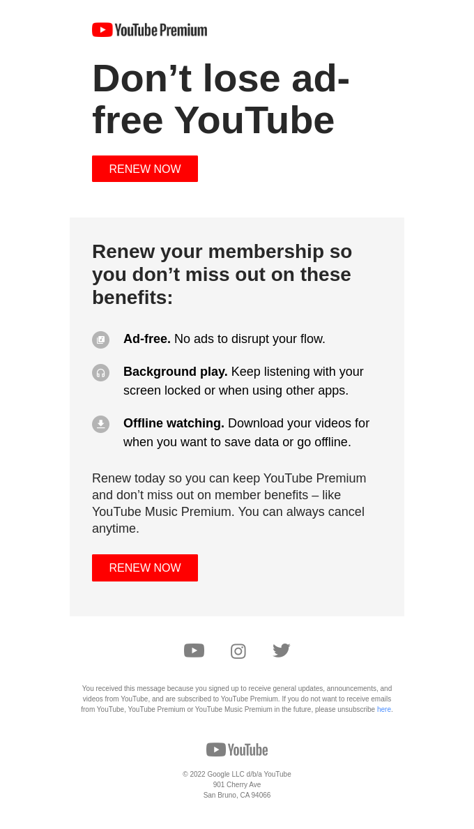 Only a few days before your YouTube Premium benefits end — renew now.