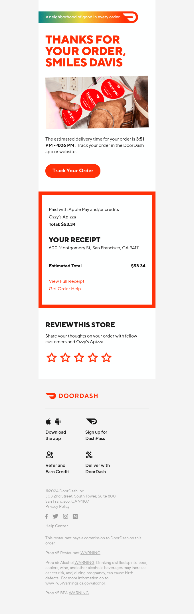 Order Confirmation for Smiles Davis from Ozzy’s Apizza